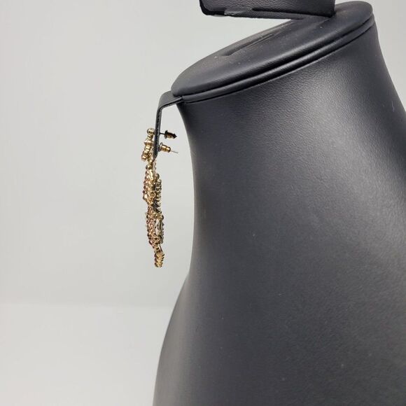 Gold Tone Articulated Maroon Rhinestone Dangle Feather Earrings Pierced Long - Picture 10 of 11